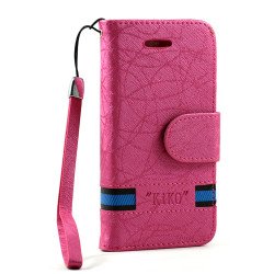 Apple iPhone 5 5S Cloth Flip Leather Wallet TPU Case with Strap and Stand (Hot Pink)